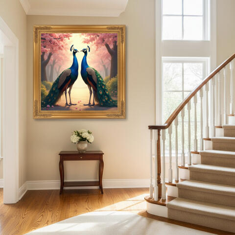 Sacred Peacocks in Bloom The peacock pair signifies beauty, loyalty, and harmony. Blooming trees represent growth, renewal, and auspicious beginnings. Together, they embody lifelong companionship surrounded by flourishing energy. Why It Matters: Enhances